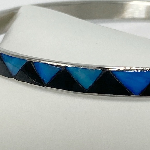 Vintage Abalone Shell & Onyx Triangle Inlay Silver Tone Bangle 8” - Picture 3 of 6